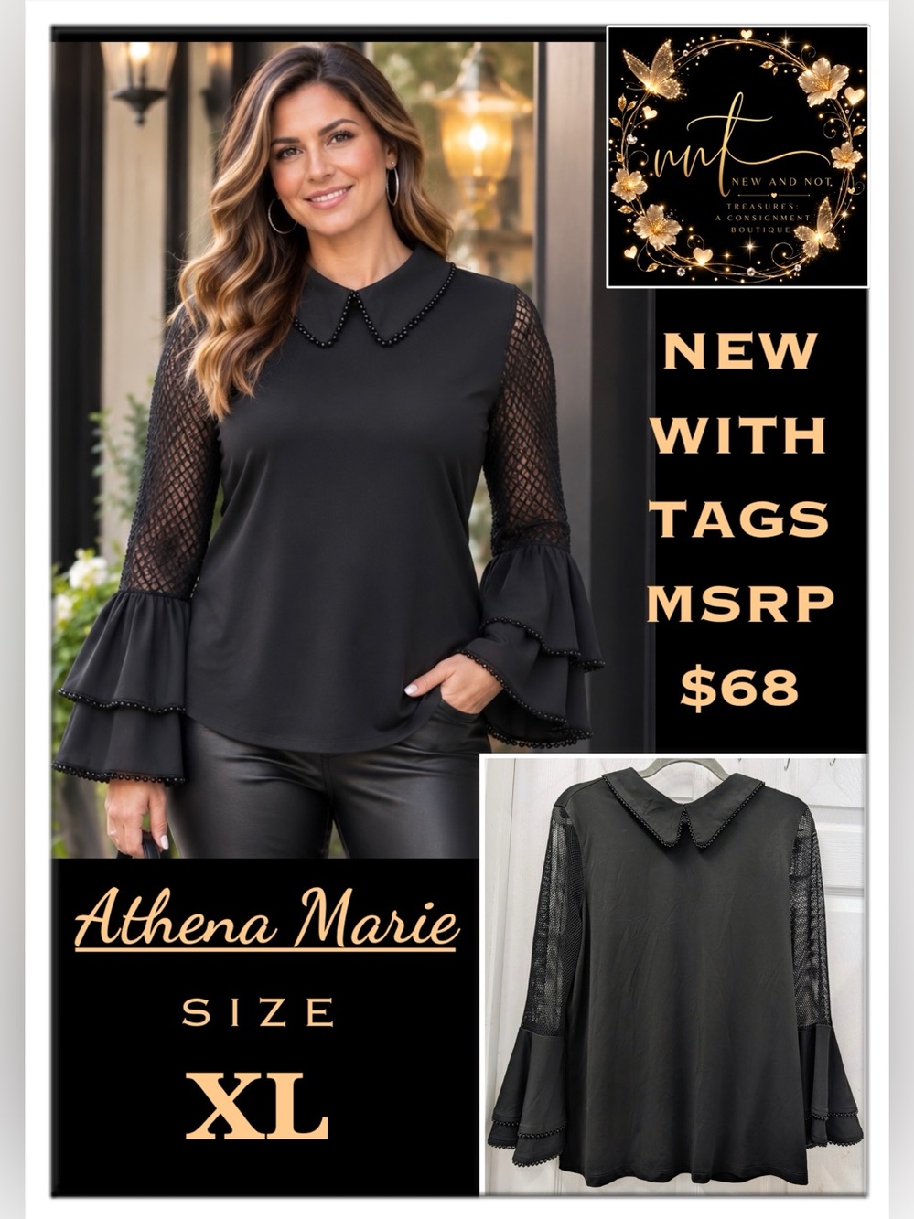 Athena Marie Gothic Peter Pan Collar Bell Sleeve Beaded Top XL Romance Victorian